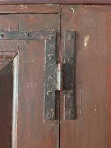 lot 23 image: Red painted 18th c. Country Step Back Cupboard