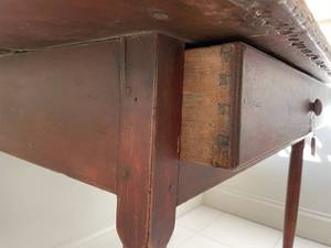 lot 25 image: 19th c. Red Painted Tavern Table with Drawer