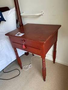 lot 27 image: 19th c. Red Painted Work Table Nightstand w Turned Legs