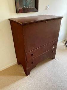 lot 29 image: 19th c. Red Painted Pennsylvania Blanket Chest Over Two Drawers
