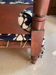 lot 34 image: 19th c. Red Painted Four Poster Cannonball Bed