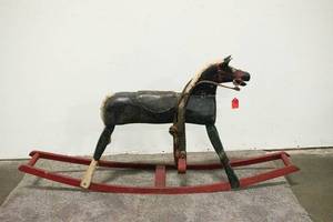 lot 1 image: Antique Black Painted Wood Rocking Horse w Leather & Metal Details