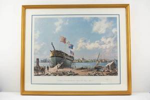 lot 43 image: John Stobart Portsmouth Preparing to Launch John Paul Jones Sloop of War Ranger, May 1777 Ltd Ed. Signed & Numbered Print