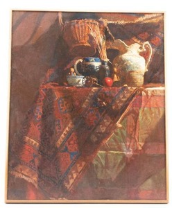 lot 2 image: Signed Original Oil on Canvas Painting of Still Life w Red Carpet