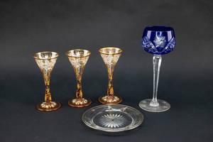 lot 18 image: 5 Crystal & Glass Pieces including 3 Moser Crystal Wine Cordials