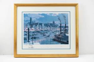 lot 91 image: John Stobart Pittsburgh Water Street by Gaslight in 1899 Ltd Ed. Signed, Remarqued, Numbered Print