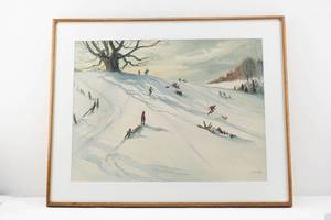 lot 99 image: Lucille Hobbie Original Watercolor Painting of Sledding Hill