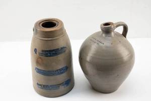 lot 113 image: 2 Vintage Stoneware Crock Jugs, 1 Marked EL & GW Farrar, Burlington, Vermont