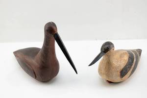 lot 114 image: Two Vintage Carved Wood Birds w Metal Beaks