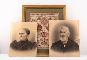 lot 105 image: 19th c. American Antique Needlepoint Geesey Family Embroidery & Portraits