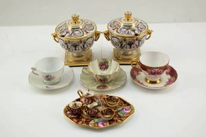 lot 161 image: European Porcelain Pieces, Tea Cups & Saucers, Tureens, Miniature Tea Set