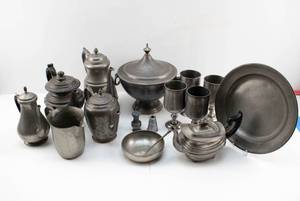 lot 178 image: Large Collection of 19th-20th c. Metalwork, Mostly Pewter - Teapots, Plates, Cups