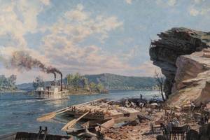 lot 129 image: John Stobart Chattanooga Rosss Landing, Unloading Flatboats on the Banks of the Tennessee River in 1848 Ltd Ed. Signed & Numbered Print
