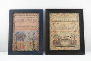lot 130 image: Pair of Fine Reproduction Prints of Antique 19th c. American Needlework Embroidery Samplers