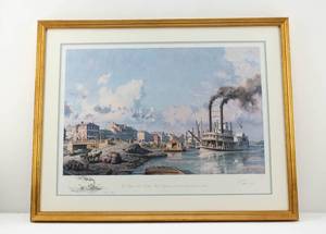 lot 131 image: John Stobart Louisville The Peoples Line Packet Wild Wagoner Arriving at the Levee in 1868 Ltd Ed. Signed, Remarqued, Numbered Print