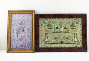 lot 132 image: Pair of Fine Reproduction Prints of Antique 18th c. American Needlework Embroidery Samplers