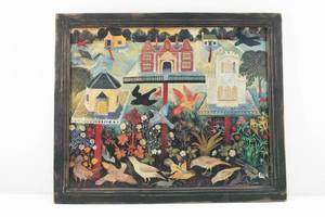 lot 102 image: Anna Pugh Bird Tables Folk Art Framed Print