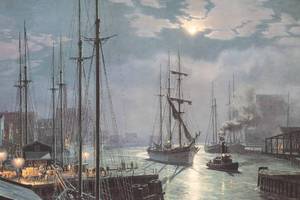 lot 133 image: John Stobart Chicago The Barkentine Naiad Towing Past the Rush Street Bridge in 1872 Ltd Ed. Signed & Numbered Print
