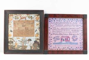 lot 135 image: Pair of Fine Reproduction Prints of Antique 18th-19th c. American Needlework Embroidery Samplers