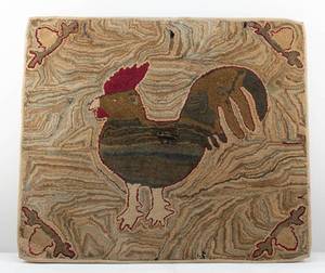lot 137 image: 19th c. Antique Hooked Rug Rooster on Variegated Background, Mounted on Wood Frame