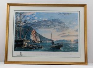 lot 140 image: John Stobart Hong Kong A View of the Harbor and Victoria Peak at Sunset in 1870 Ltd Ed. Signed, Remarqued, Numbered Print