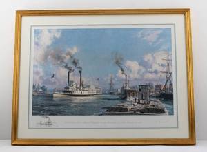 lot 143 image: John Stobart Sacramento The Celebrated River Steamer Chrysopolis Leaving the Landing for San Francisco in 1870 Ltd Ed. Signed, Remarqued, Numbered Print