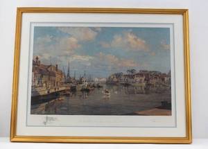 lot 149 image: John Stobart Weymouth Harbor The Inner Harbour of one of Englands Channel Ports in 1954 Ltd Ed. Signed, Remarqued, Numbered Print