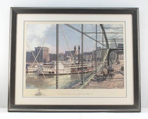 lot 192 image: John Stobart Pittsburgh The Monongahela Wharf seen from Smithfield Street Bridge, 1883 Ltd Ed. Signed, Remarqued, Numbered Print