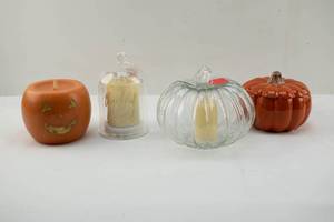 lot 206 image: 4 Autumn Fall Halloween Thanksgiving Pumpkin Decor Items w Luminara Flameless Candles