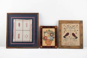 lot 208 image: 3 Small Antique Frame Sewing Embroidery Appliques & Pieces