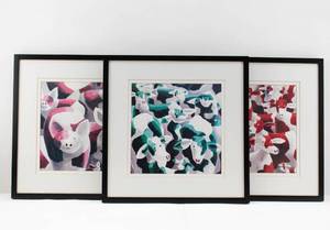 lot 218 image: Three Colorful Framed Prints of Cows and Pigs