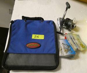 lot 25 image: Baitlure bag with about 10 pages in it, new reel and swivels