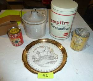 lot 32 image: Vintage lot of a Folgers Coffee puzzle, crock, Marshmallow tin, Arlington Big Stone corn can and plate with a grain elevator