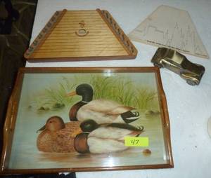lot 47 image: Vintage serving tray, car bank and harp