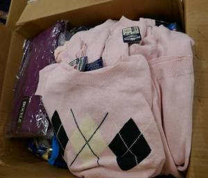 lot 162 image: Box of 50 pieces of new clothing - sweaters, jackets, leggings, stocking hats, etc