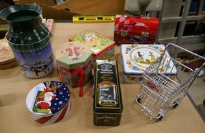 lot 206 image: A group of tin containers including a Dale Earnhardt lunchbox and a mini HyVee shopping cart