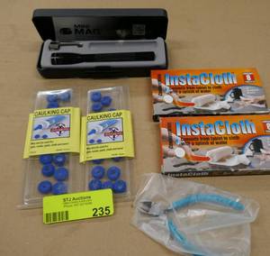 lot 235 image: Mini Mag-lite caulk caps, snips and instant cloths