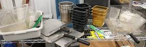 lot 249 image: Food storage tubs, hot food removal pan, stainless tubs
