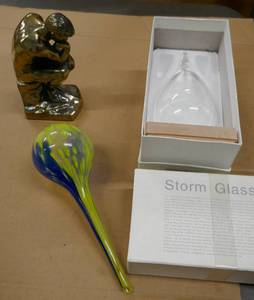 lot 27 image: Storm Predicting glass, plant waterer, masks, knife rack, air pump, selfie stick, rubber stamps, gift tags, vintage items