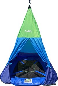 lot 276 image: M & M Sales Enterprises Outdoor Teepee Tent Swing, 39in Textilene Platform Swing, Colorful Detachable Tent, Hanging Tree Fort, 250 Lbs., Single or Multi-Rider, Swing and Spin.