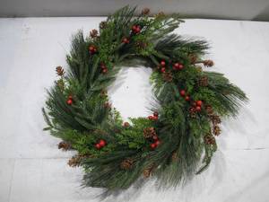 lot 335 image: NEW Vickerman Hanging 18 inch Round Faux Wreath with Pine Cones and Berries