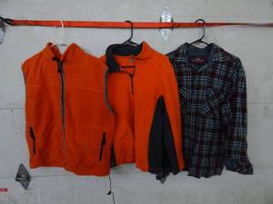 Hunting Clothes, Back Packer Flannel Size L, Orange Vest Size XL, Orange Zip Up Size S