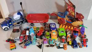 VINTAGE TO PRESENT LOT OF TOY CARS TRUCKS MOTORCYCLES HOT WHEELS IMAGINEX RED DRAGON SHIP LITTLE RED RACER WAGON