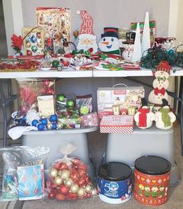 LARGE LOT OF CHRISTMAS DECOR ORNAMENTS STOCKINGS LIGHTS TREE SKIRT AND MORE TOTES NOT INCLUDED