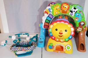 LOT OF SIT STAND CRAWL JUMP BABY ITEMS LEAP FROG SIT AND CRAWL THROUGH FISHER PRICE PUSH AND RIDE WALKER INFANTINO DOORWAY JUMPER