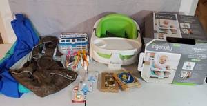 BABY LOT OF INGENUITY BABY BASE 2 IN 1 NEW MILESTONE CARDS NEW TEETHER NEW MAM BOTTLE NIPPLES AND PACIFIER FEEDING UTENSILS 2 BABY CARRIERS