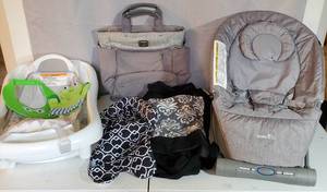 BABY LOT OF BATHTUB WITH NEW AVON WATER BLOCKING HAT AND MITT ERGOBABY DIAPER BACKPACK INFANTINO BABY CARRIER INFANT CARSEAT INSERT EVENFLO VIBRATING CHAIR