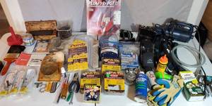 HARDWARE LOT OF NUTS BOLTS PAINT BRUSHES KNIFE SHARPENER AIR PUMP AND MORE
