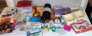 LOT OF CRAFTING SUPPLIES FABRIC WOOD BOXES CARRYING CARE BEADS PAPER PUNCHES AND MORE