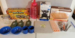 NEW QUICK TACO NEW PARINI COPPER NEW KITCHEN TOOL & CADDY SET WATER JUG CAMPING CUPS & BOWLS 100% ACRYLIC CUTTING BOARD BAG OF SILVERWARE ICE CUBE TRAY HUNTING FLASKS